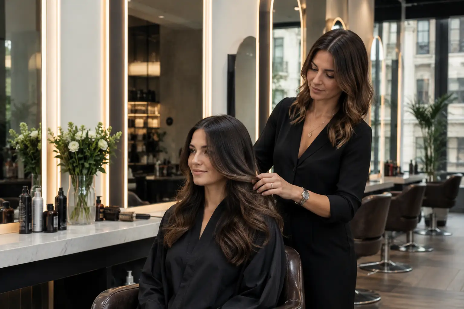 Professional hairstylist styling woman’s hair inside luxury London salon