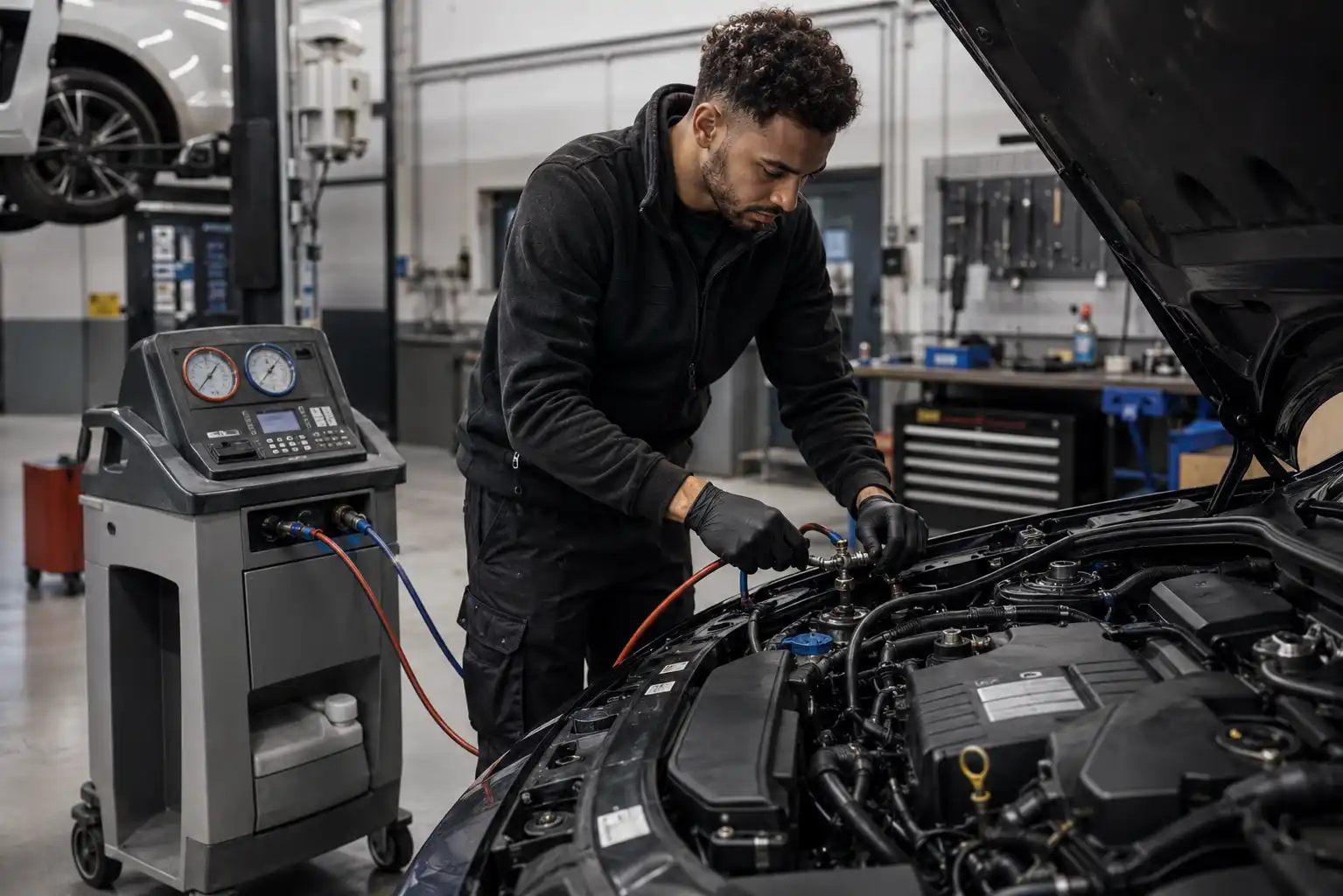 Mechanic servicing car air conditioning system in UK garage