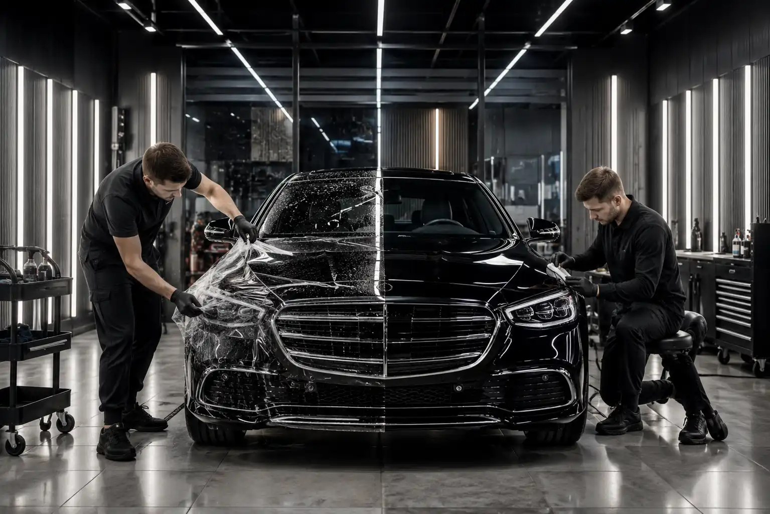 Luxury vehicle receiving paint protection film and ceramic coating treatment