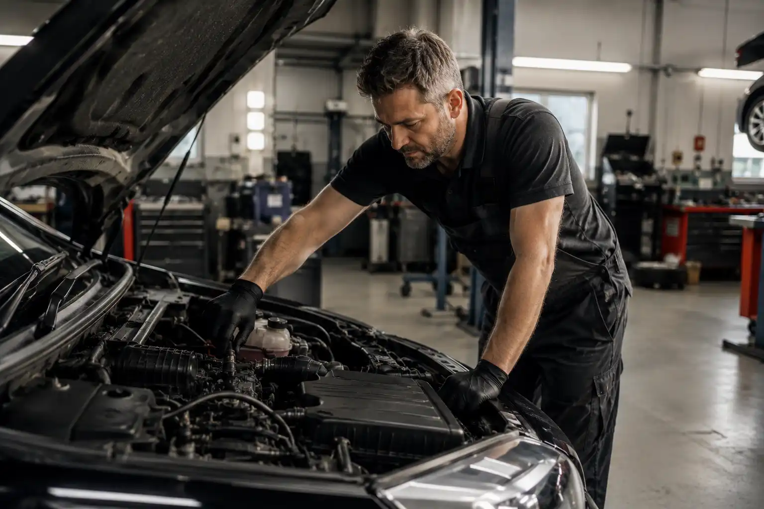 Mechanic performing routine vehicle maintenance in UK garage