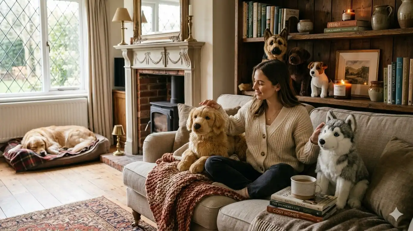 Collection of realistic Douglas plush dogs in a cosy UK home