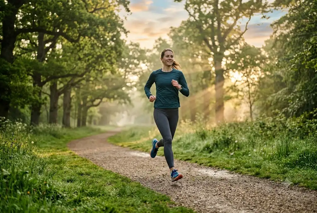 Runner enjoying the benefits of running daily in a scenic park