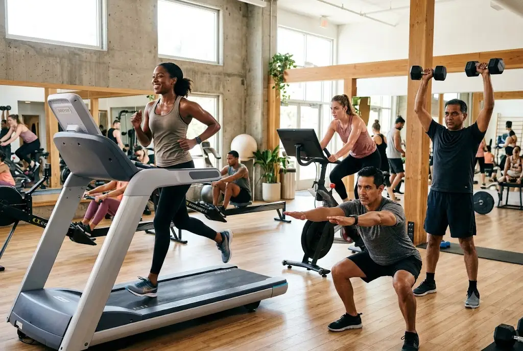 People performing the best exercises for weight loss in a modern fitness studio