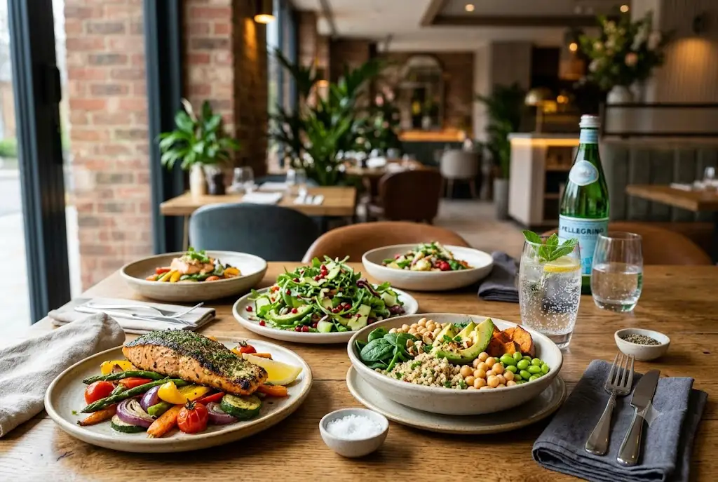 Healthy restaurant meals served in a modern UK restaurant