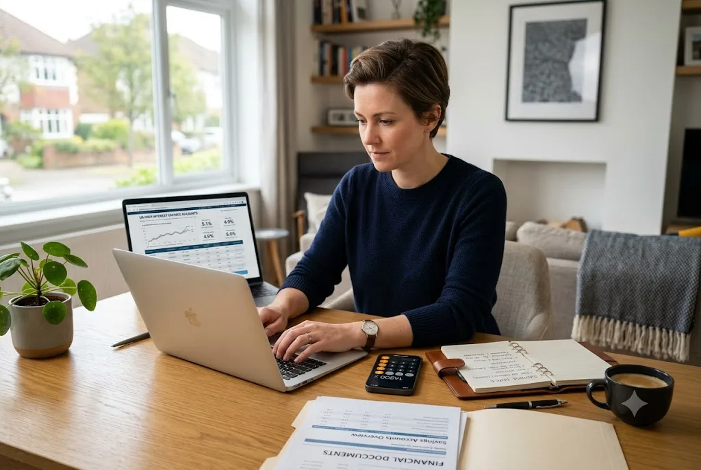 Person comparing high interest savings accounts UK using online banking
