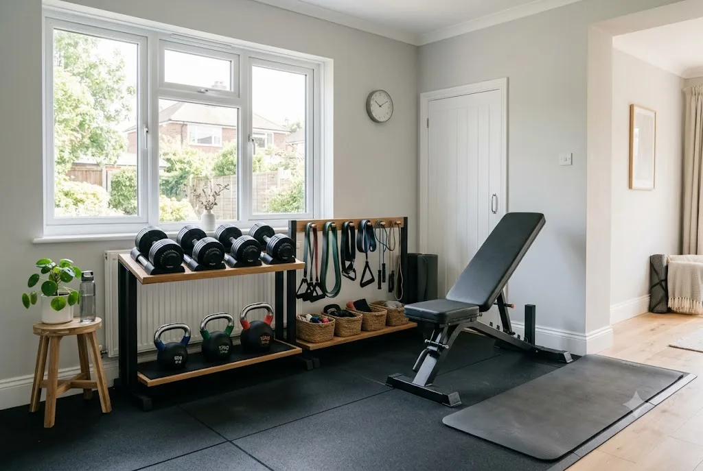 Affordable home gym setup with fitness equipment in a modern workout space