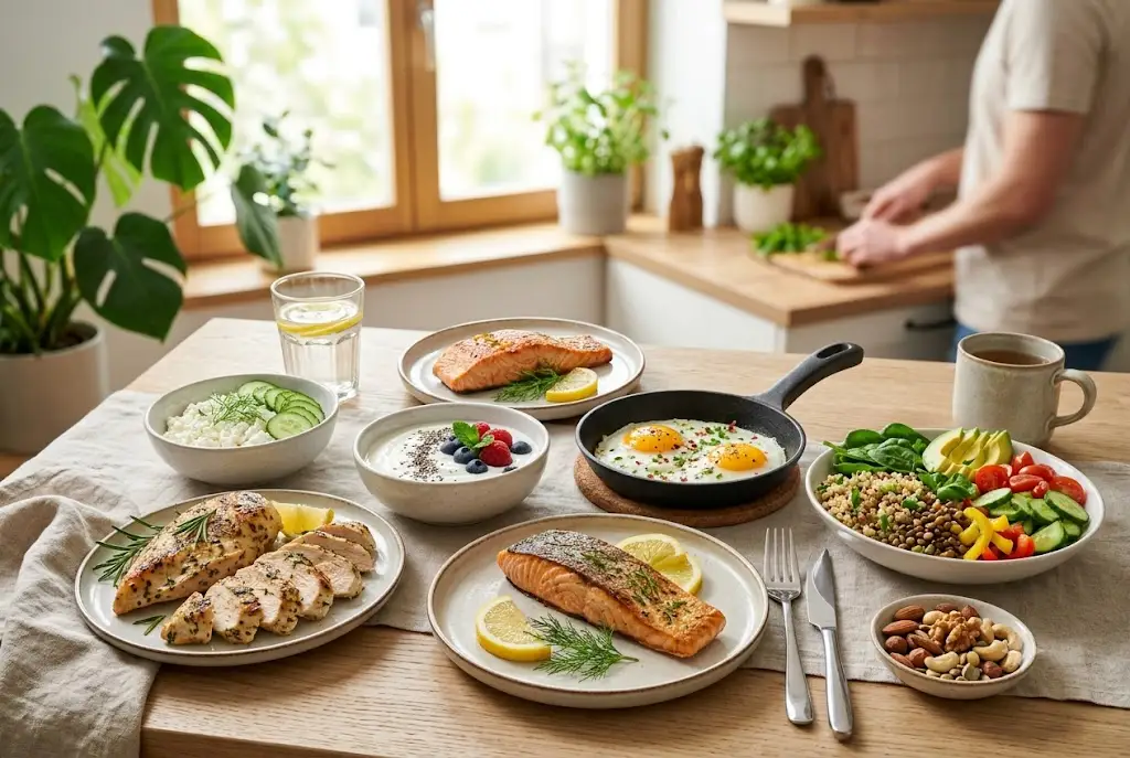 Healthy protein foods for muscle gain including chicken, eggs, fish, and dairy