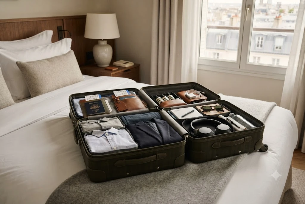 Travel packing checklist with passport, travel essentials, luggage, and international travel accessories