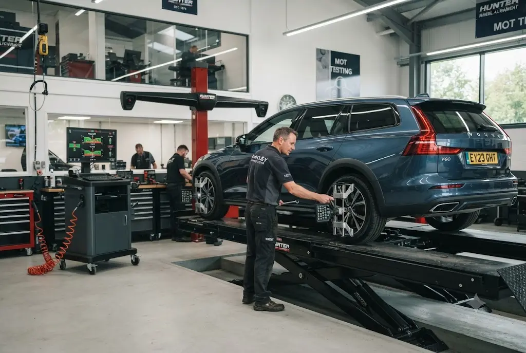 Wheel alignment service for a family car at a UK garage
