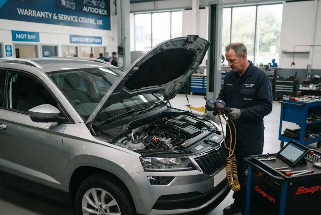 Car air conditioning service being performed on a modern vehicle