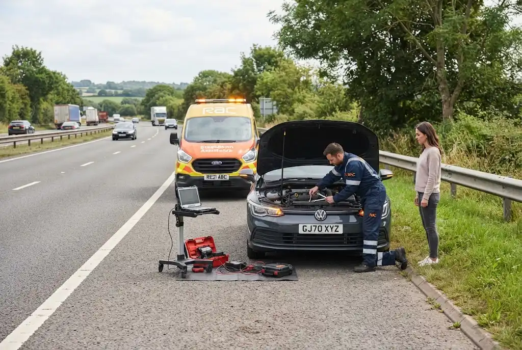 Emergency auto repair with a mobile mechanic helping a broken-down car