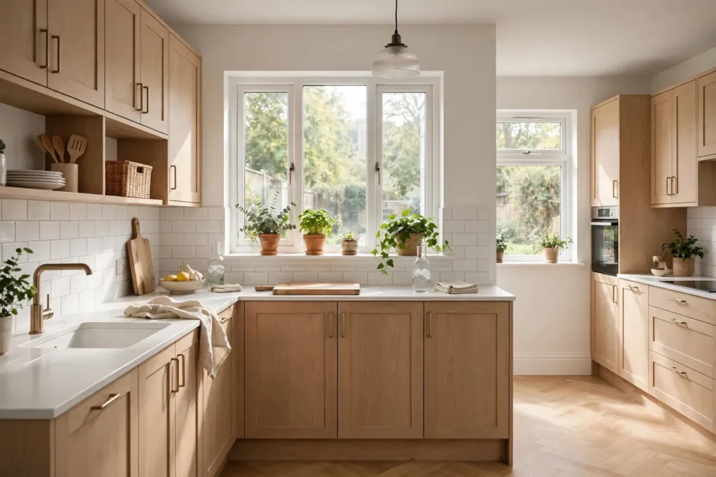 Kitchen Renovation Ideas on a Budget Bright UK kitchen showing kitchen renovation ideas on a budget, with light wood cabinets, white worktops and a tiled splashback