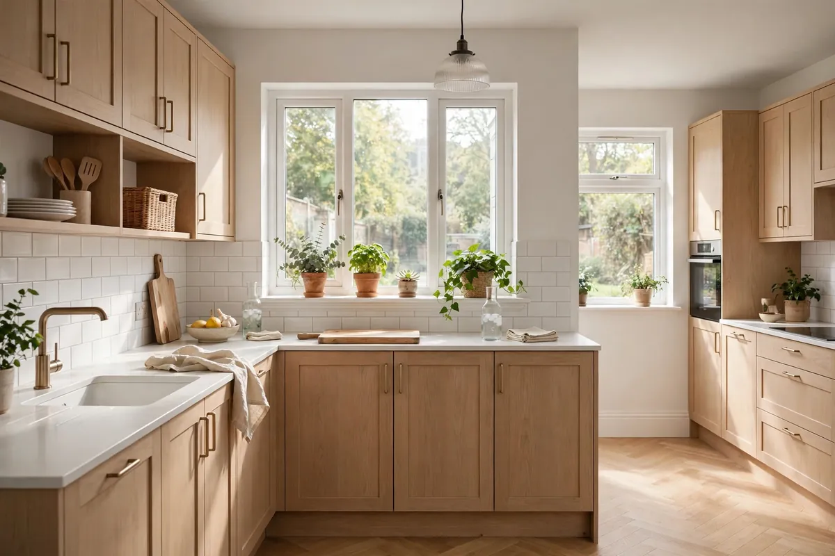 Bright UK kitchen showing kitchen renovation ideas on a budget, with light wood cabinets, white worktops and a tiled splashback