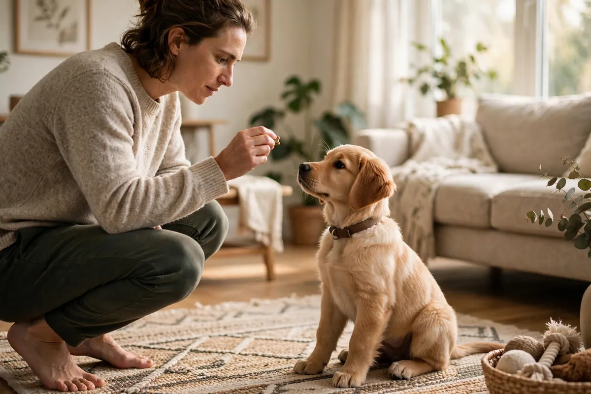 puppy training tips in action: an owner rewarding a young puppy with a treat during a training session at home